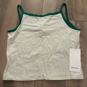 NWT Lululemon White Organic Cotton High Neck Ringer Tank with Green Trim